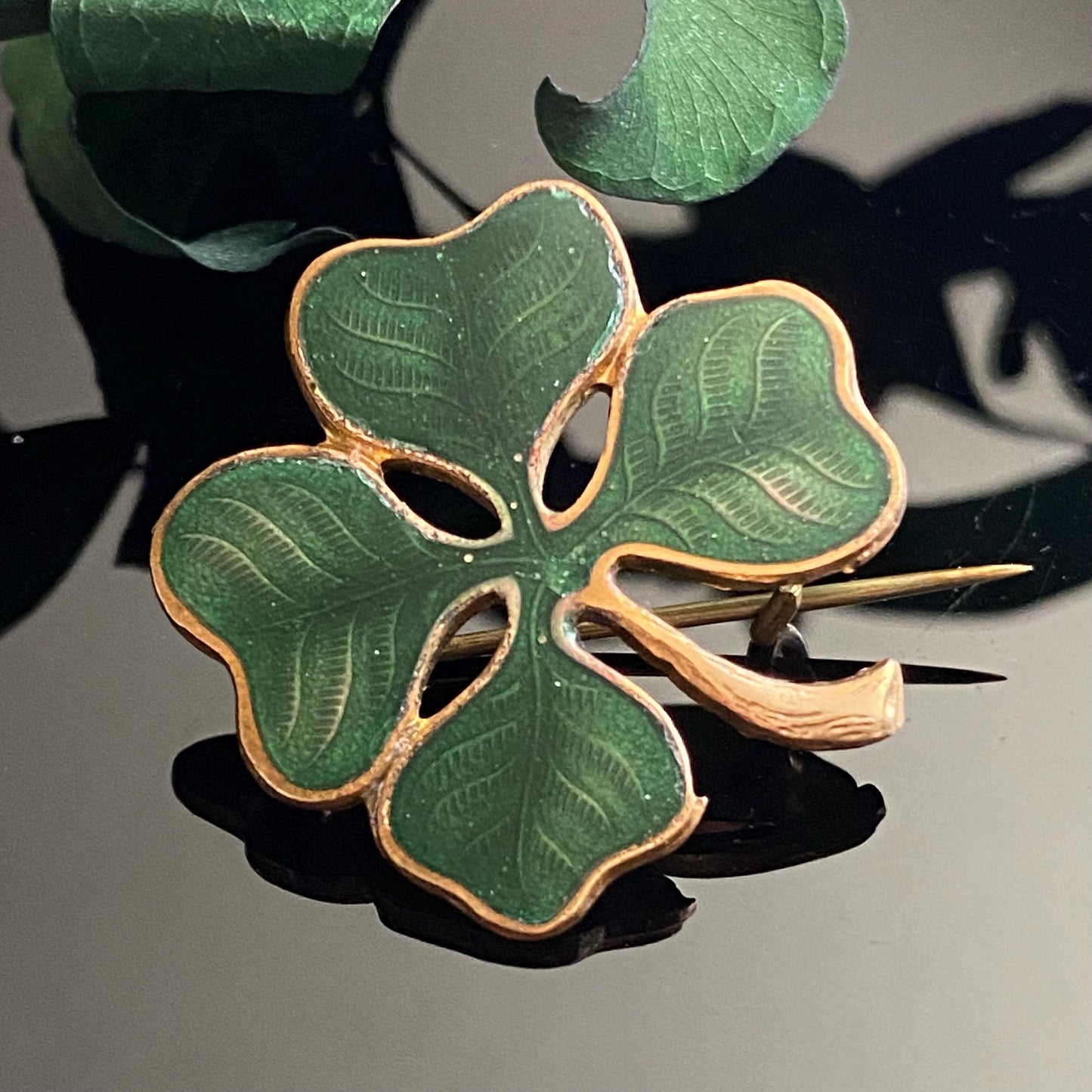 Antique Green Guilloche Enamel Lucky Four Leaf Clover Pin Brooch