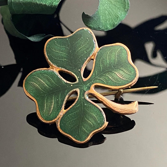 Antique Green Guilloche Enamel Lucky Four Leaf Clover Pin Brooch