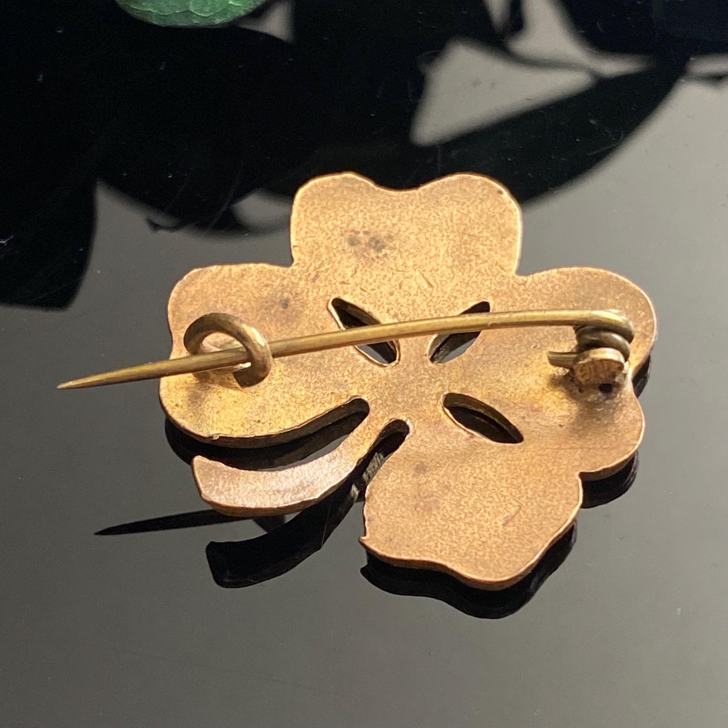 Antique Green Guilloche Enamel Lucky Four Leaf Clover Pin Brooch