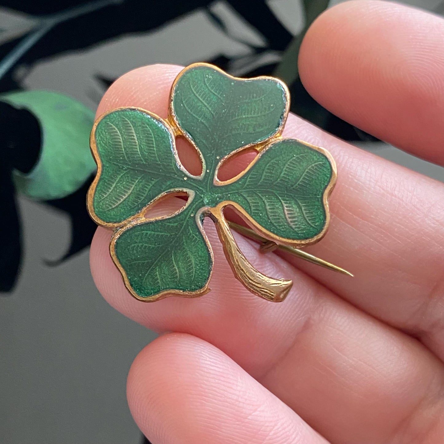 Antique Green Guilloche Enamel Lucky Four Leaf Clover Pin Brooch