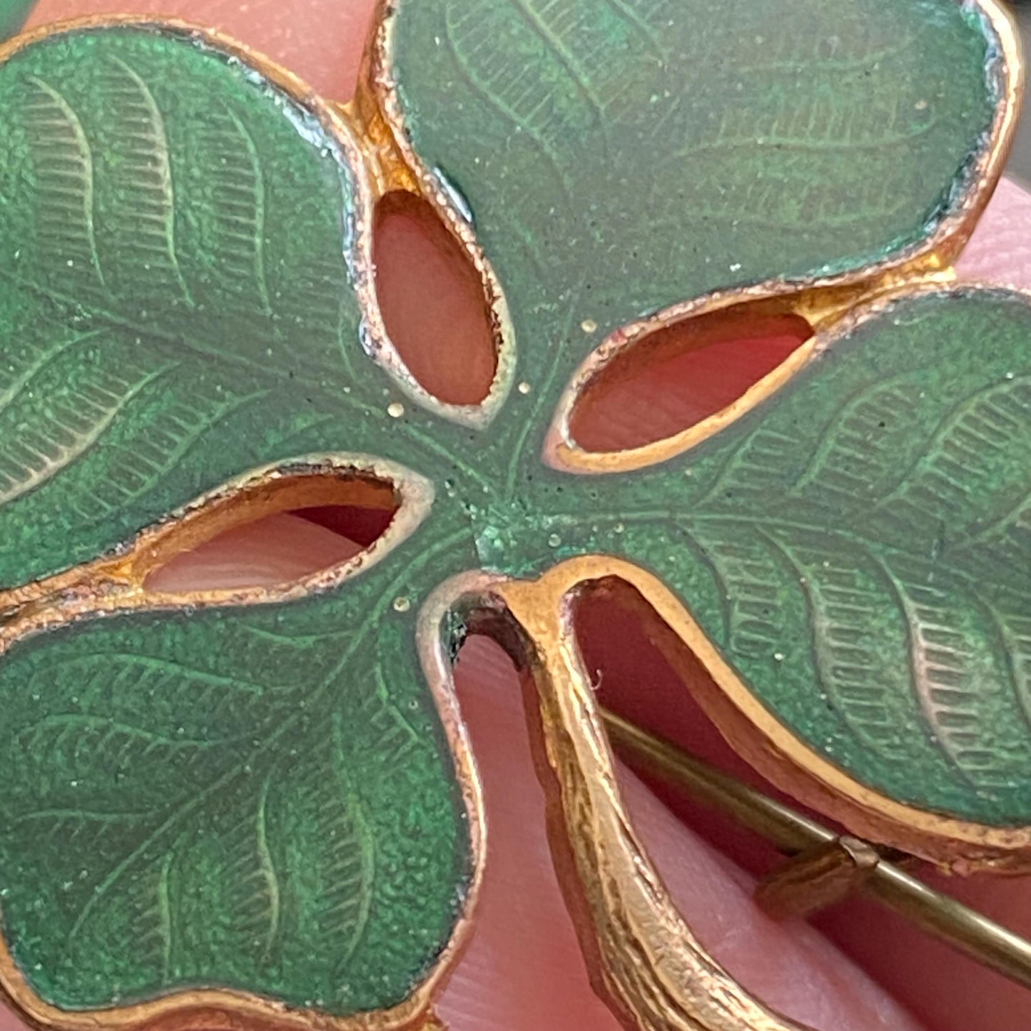 Antique Green Guilloche Enamel Lucky Four Leaf Clover Pin Brooch