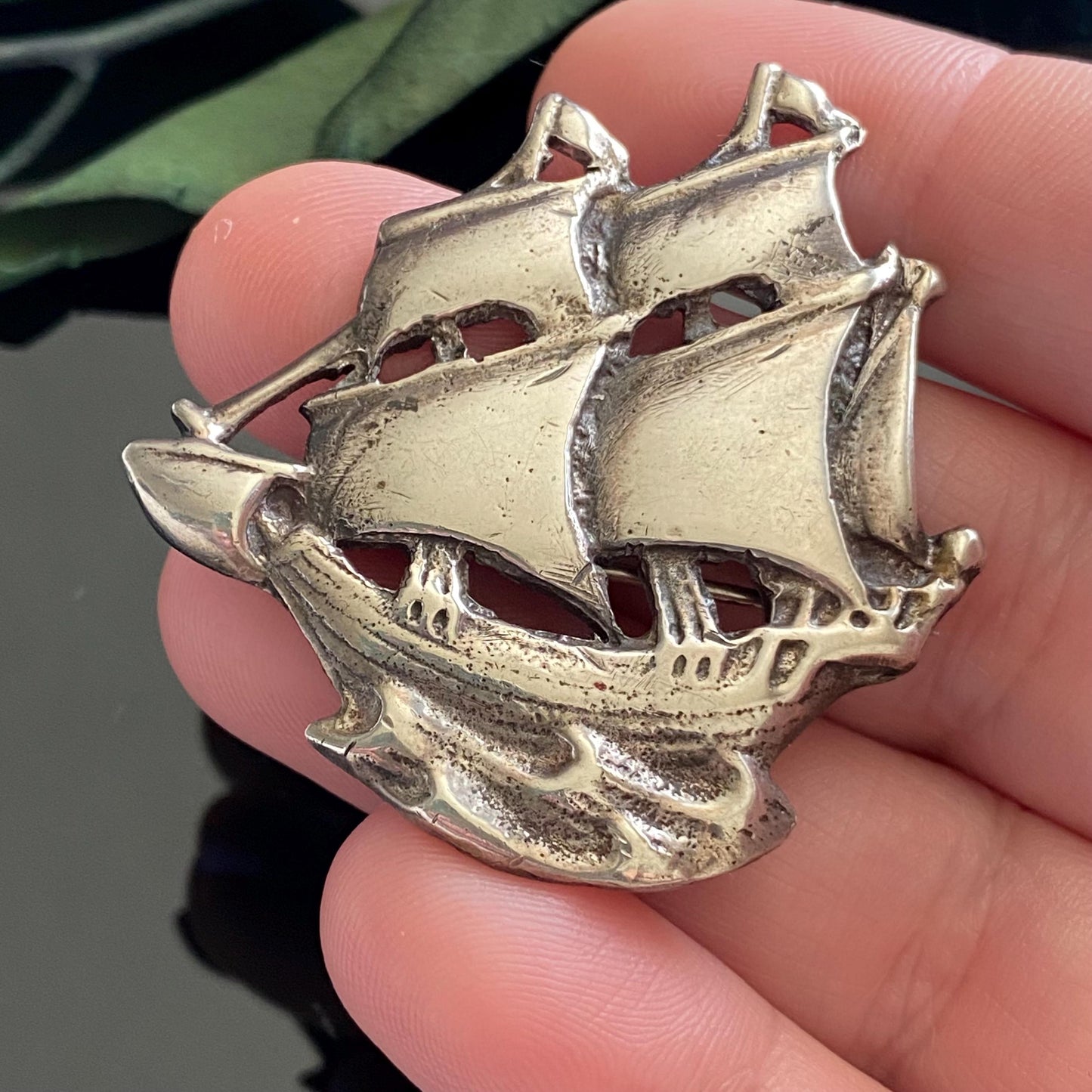 Vintage Sterling Silver Galleon Ship Pin Brooch