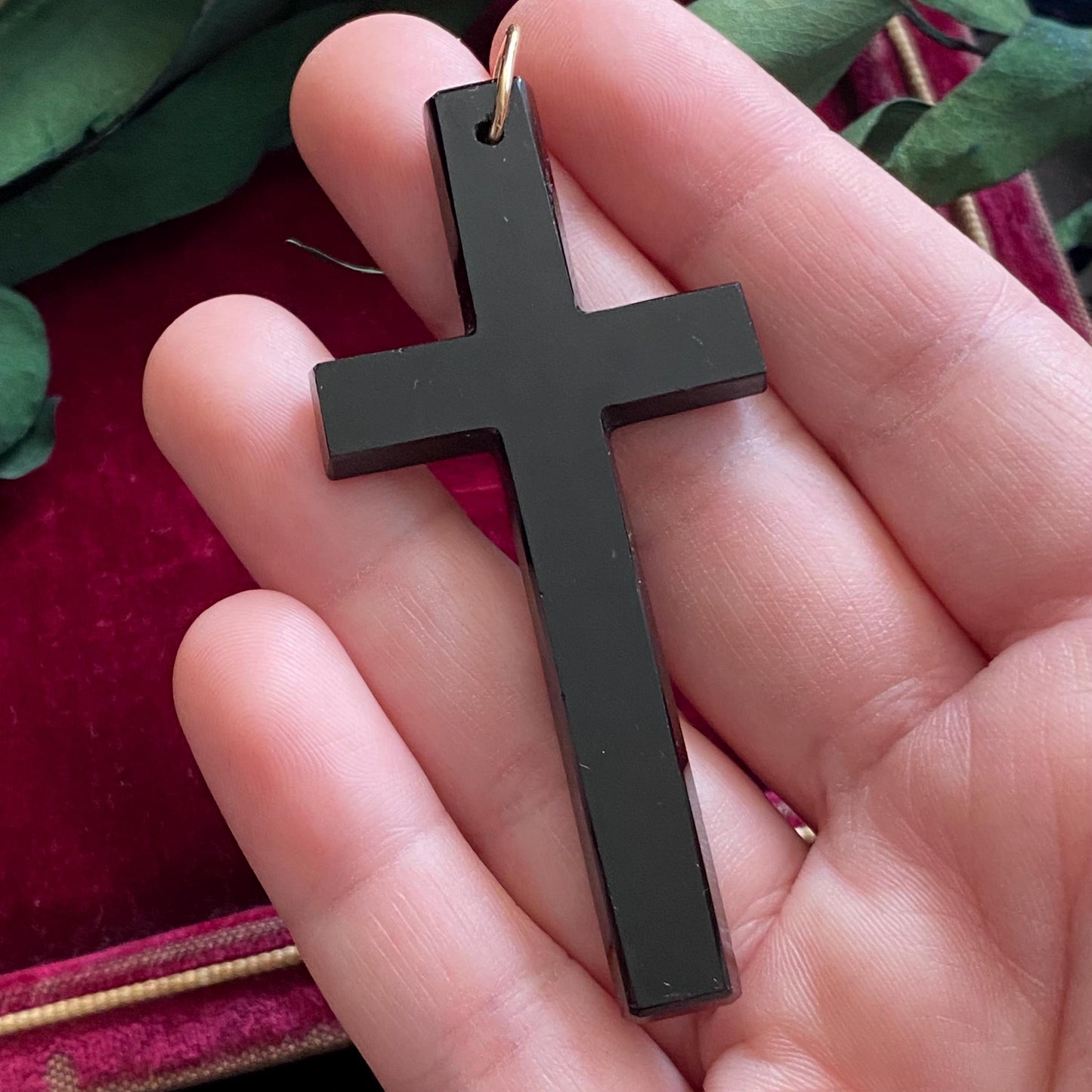 Antique Victorian Large French Jet Glass Mourning Cross