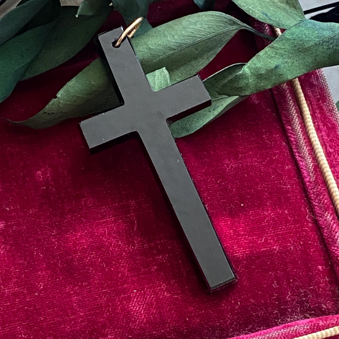 Antique Victorian Large French Jet Glass Mourning Cross