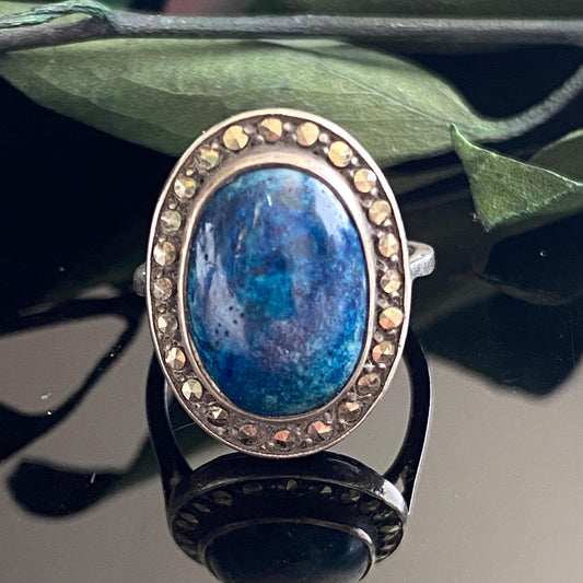 Vintage German Art Deco Sterling Silver Lapis & Marcasite Ring Size 4.5