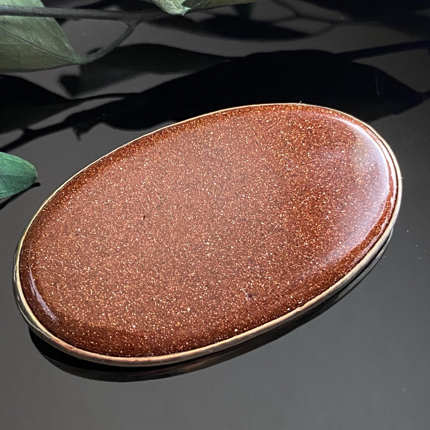 Large Vintage Goldstone Sterling Silver Vermeil Oval Brooch