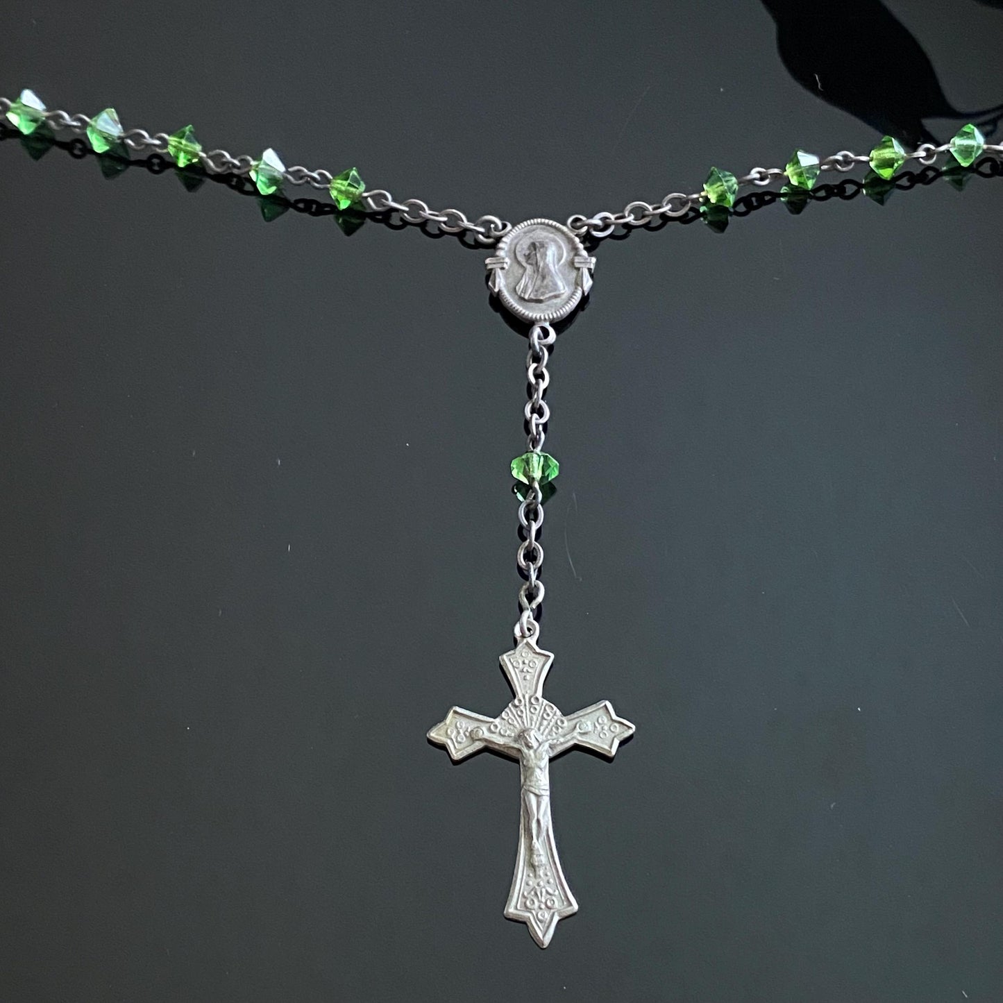 Vintage Art Deco Sterling Silver Green Crystal Rosary