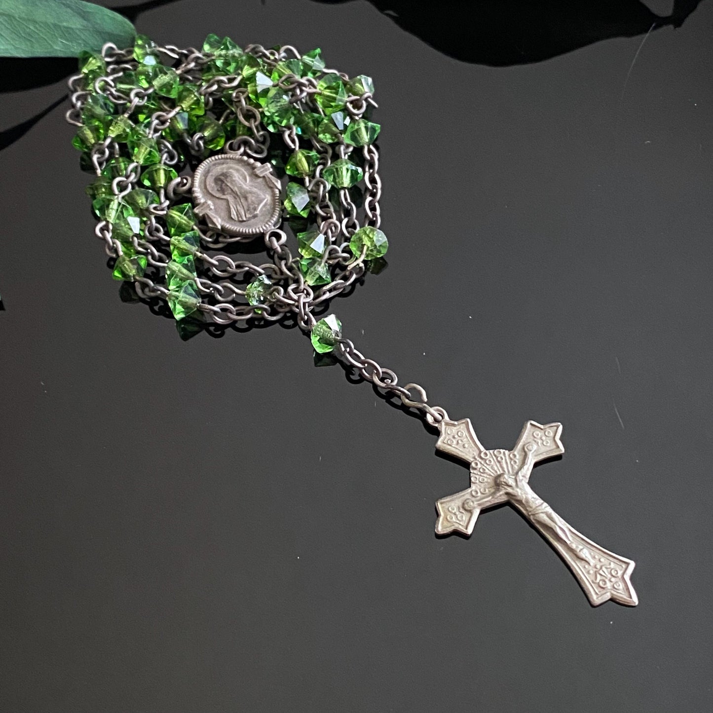 Vintage Art Deco Sterling Silver Green Crystal Rosary