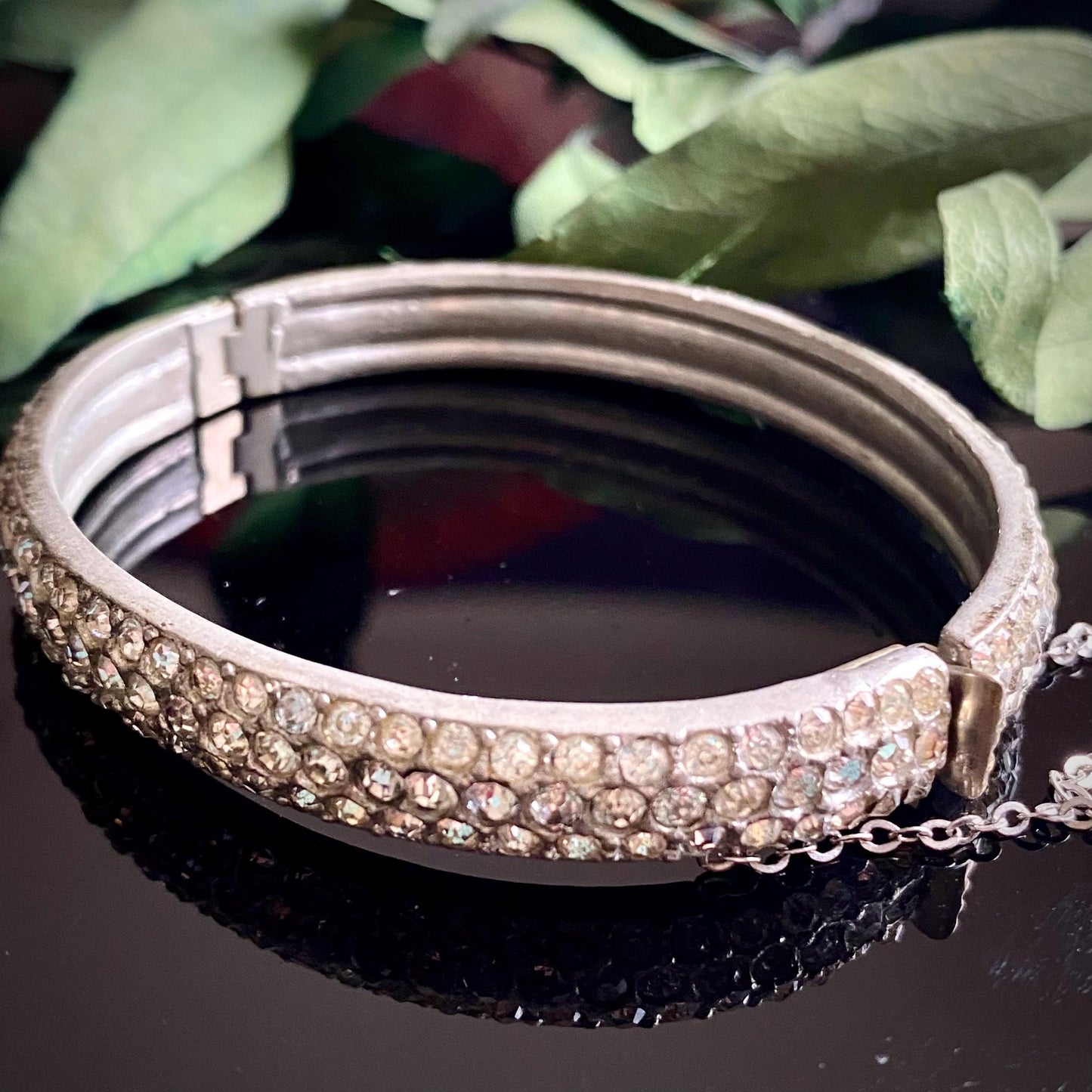 Vintage Pot Metal Rhinestone Hinged Bangle