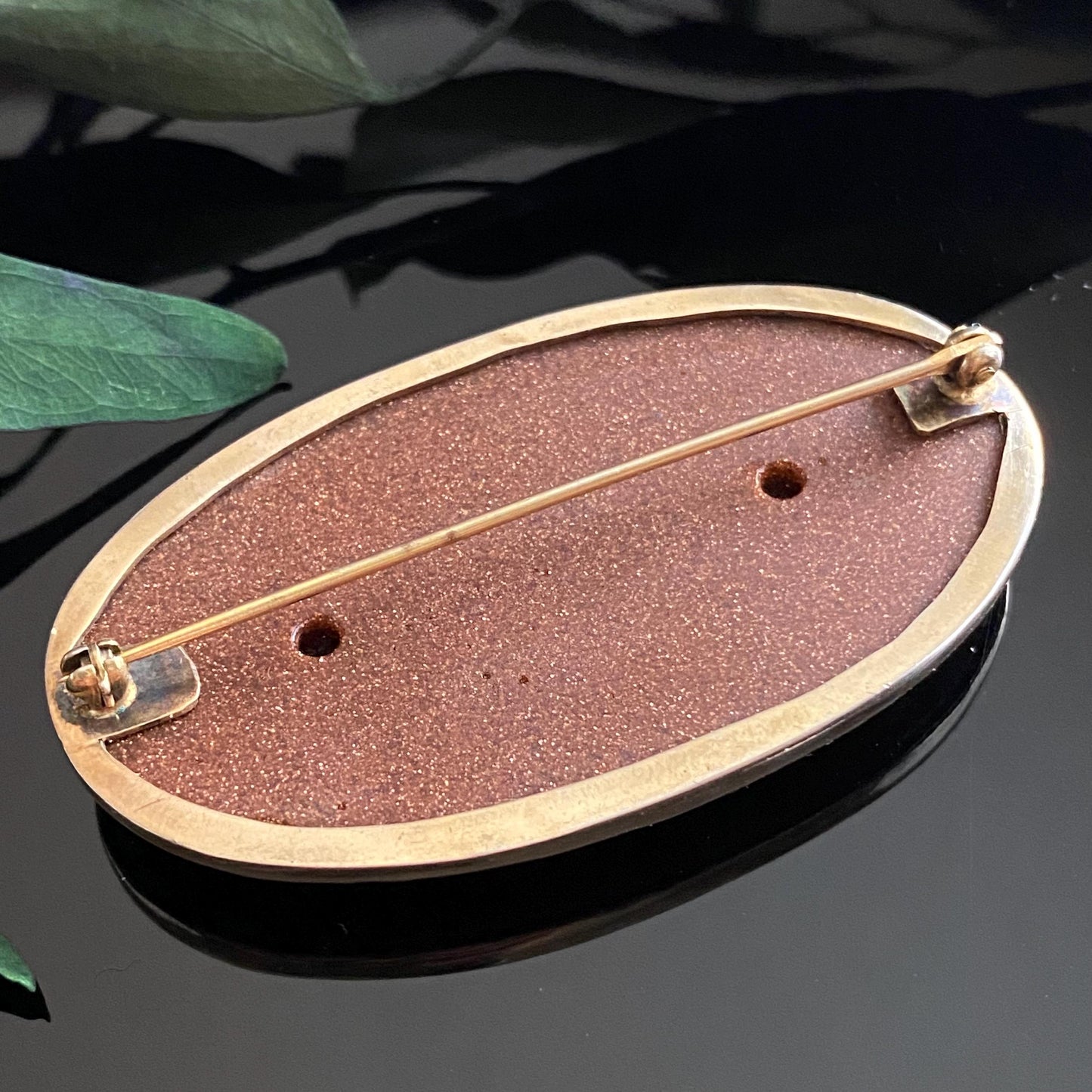 Large Vintage Goldstone Sterling Silver Vermeil Oval Brooch