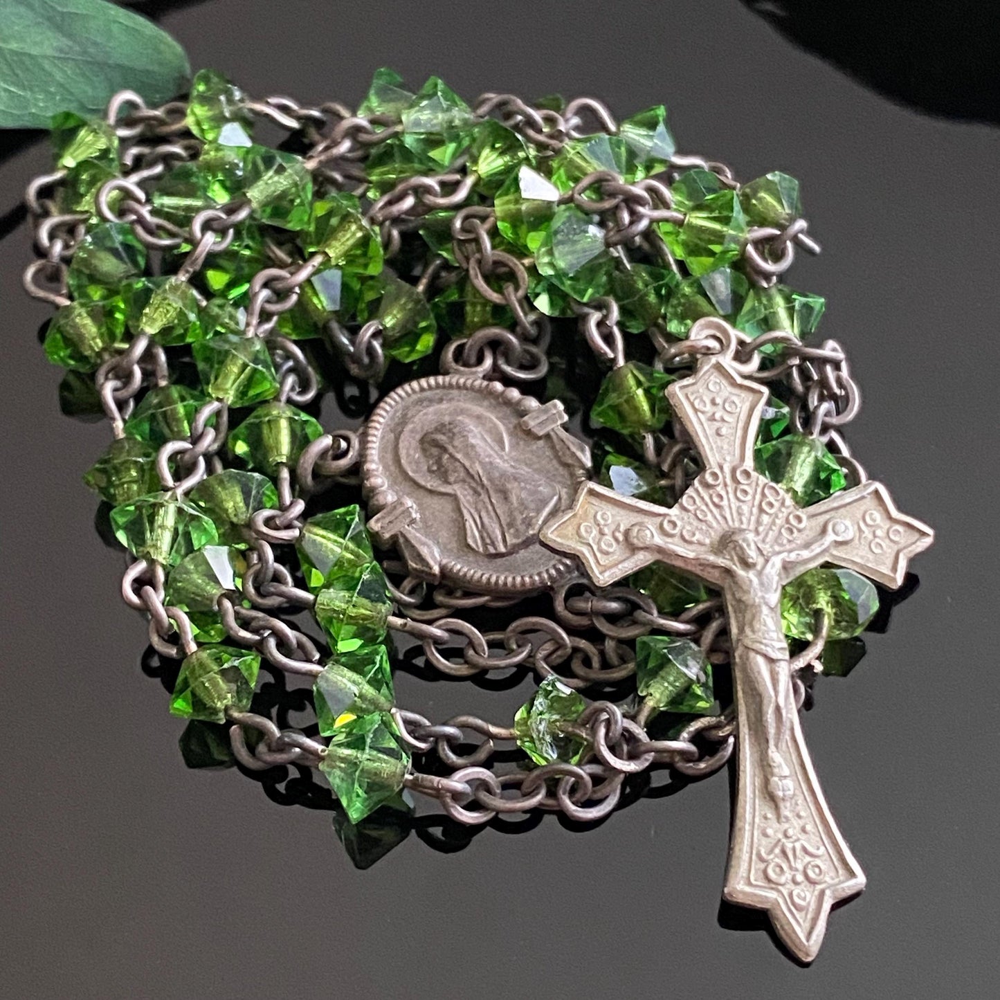 Vintage Art Deco Sterling Silver Green Crystal Rosary