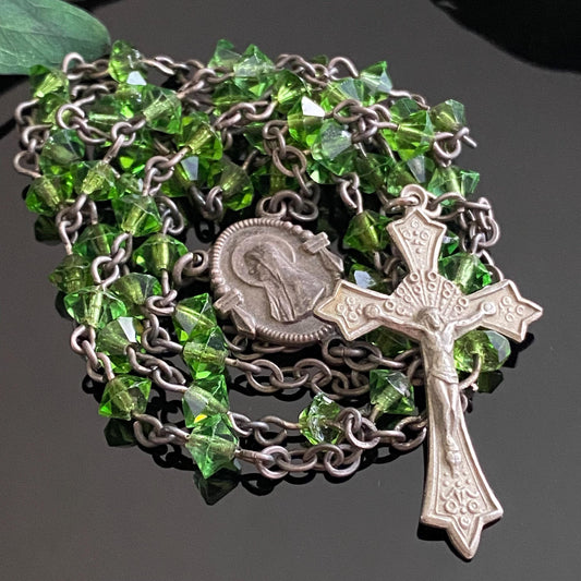Vintage Art Deco Sterling Silver Green Crystal Rosary