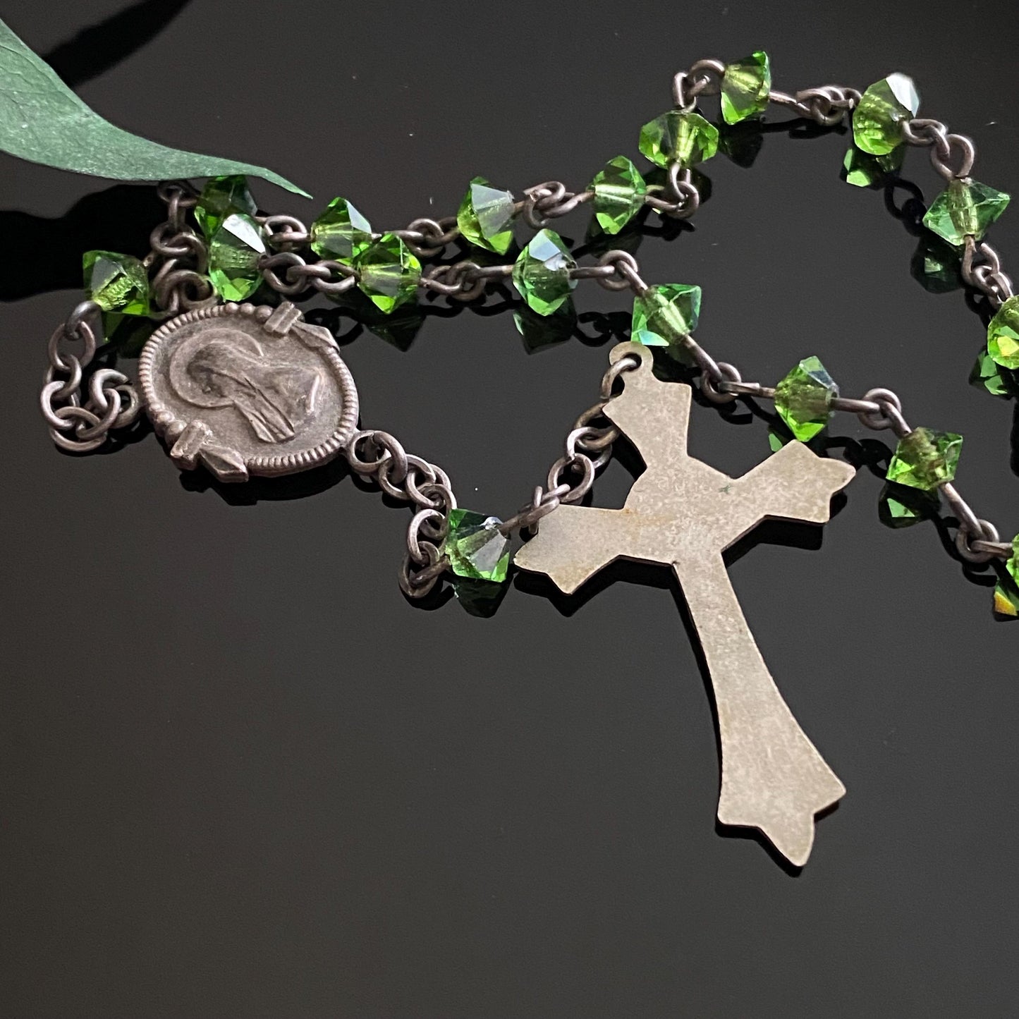 Vintage Art Deco Sterling Silver Green Crystal Rosary