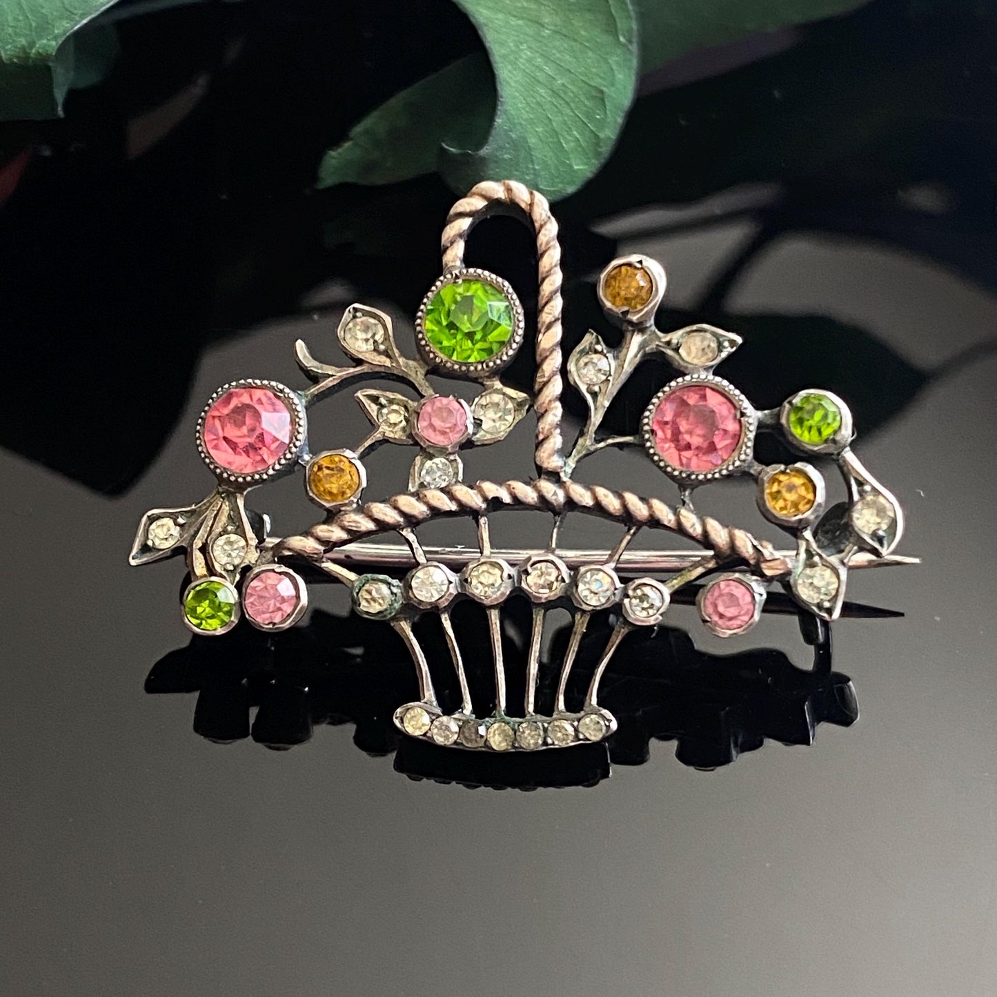Antique Edwardian 800 Silver Pink & Green Paste Giardinetti Brooch