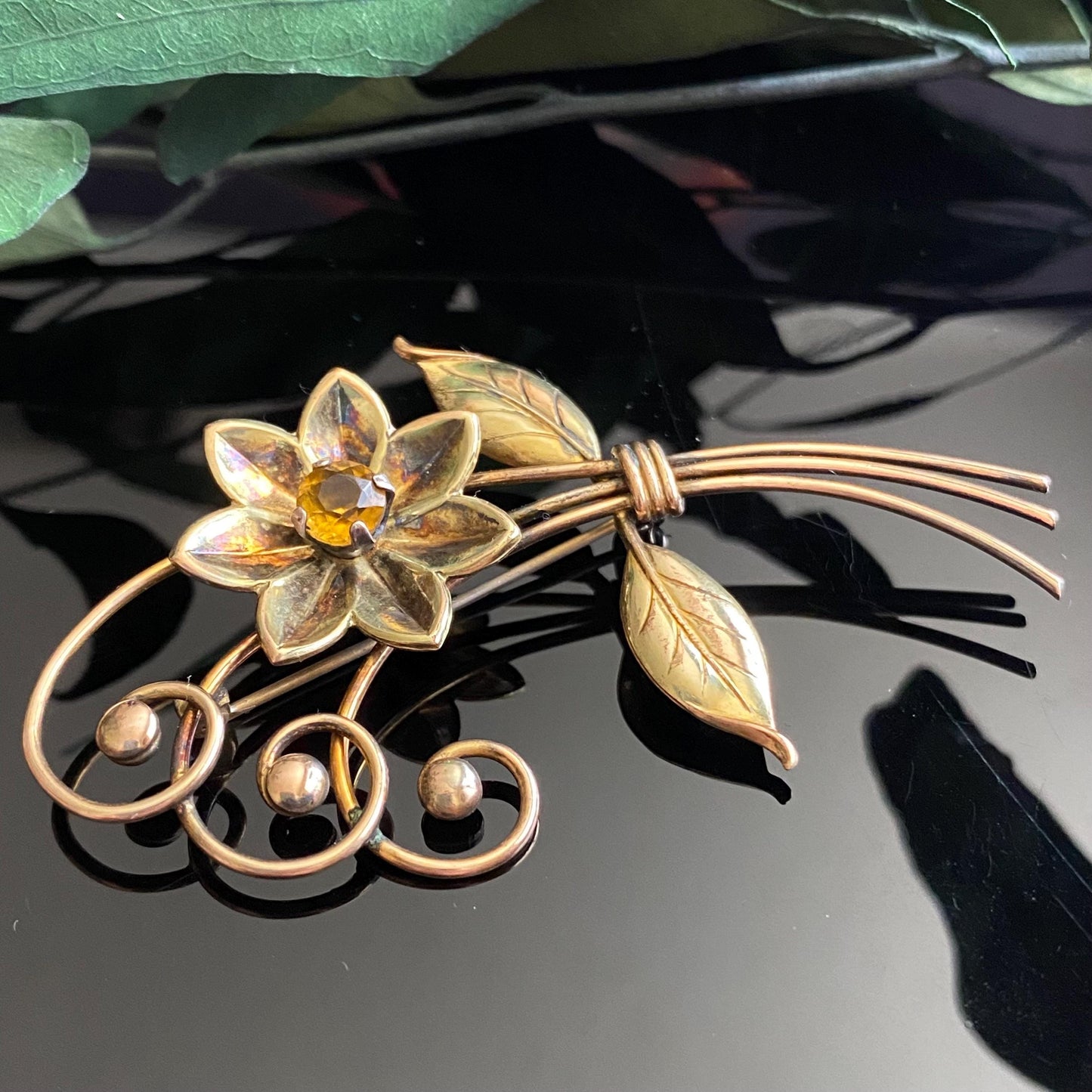 Vintage Harry Iskin Retro Gold Filled Tooaz Rhinestone Flower Spray Broocb