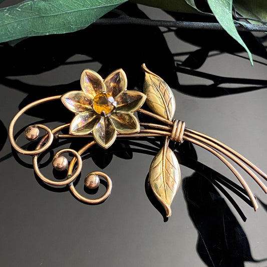 Vintage Harry Iskin Retro Gold Filled Tooaz Rhinestone Flower Spray Broocb