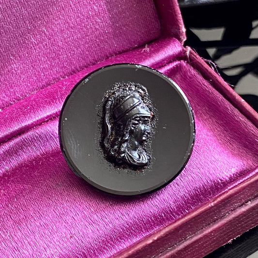 Antique Jet Glass Greco-Roman Soldier Button