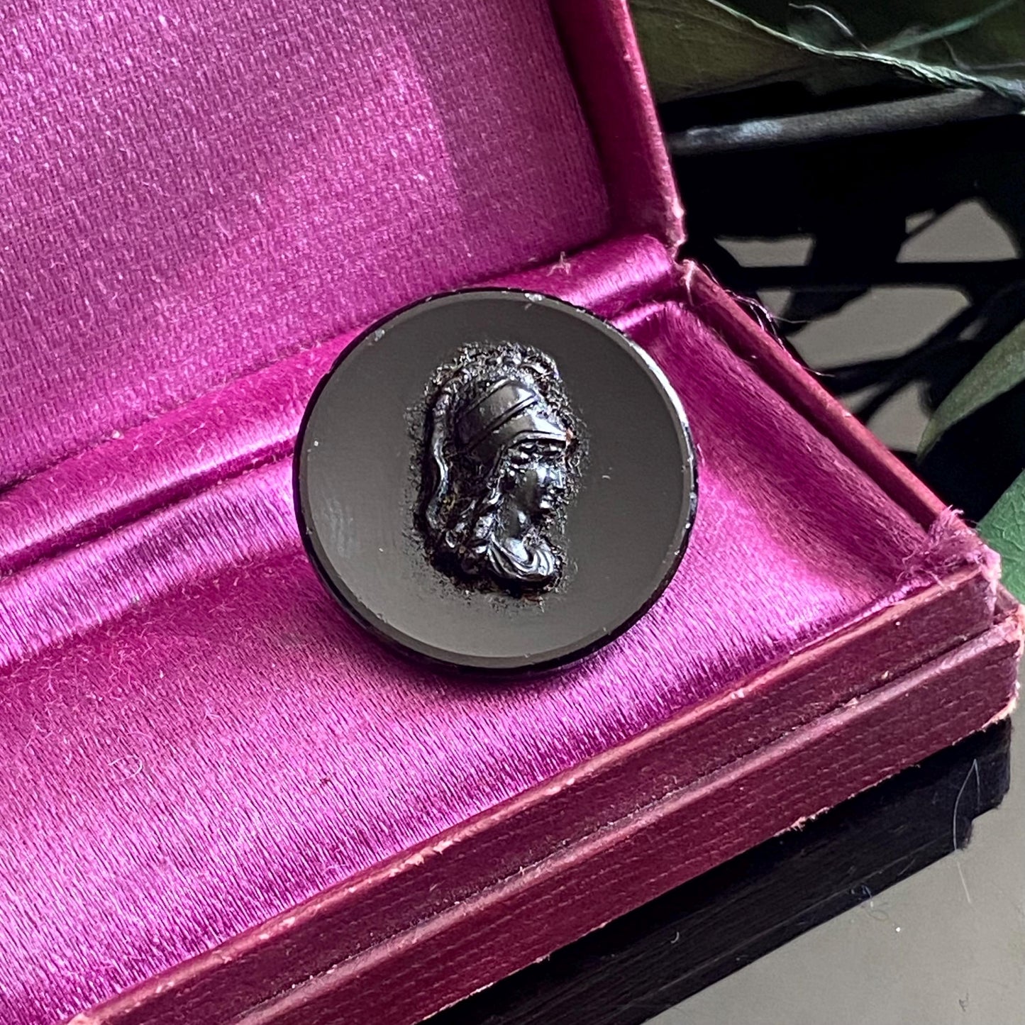 Antique Jet Glass Greco-Roman Soldier Button