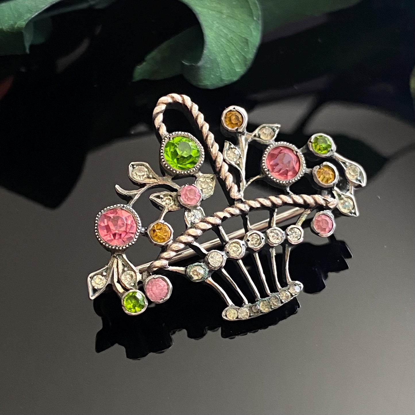 Antique Edwardian 800 Silver Pink & Green Paste Giardinetti Brooch