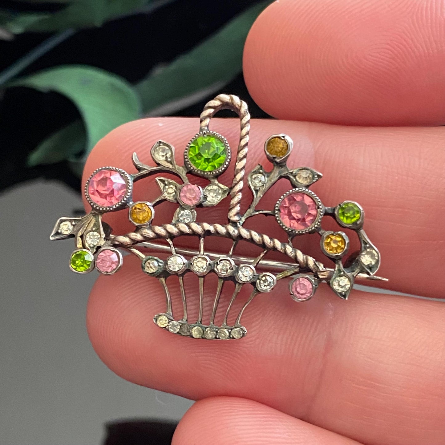 Antique Edwardian 800 Silver Pink & Green Paste Giardinetti Brooch