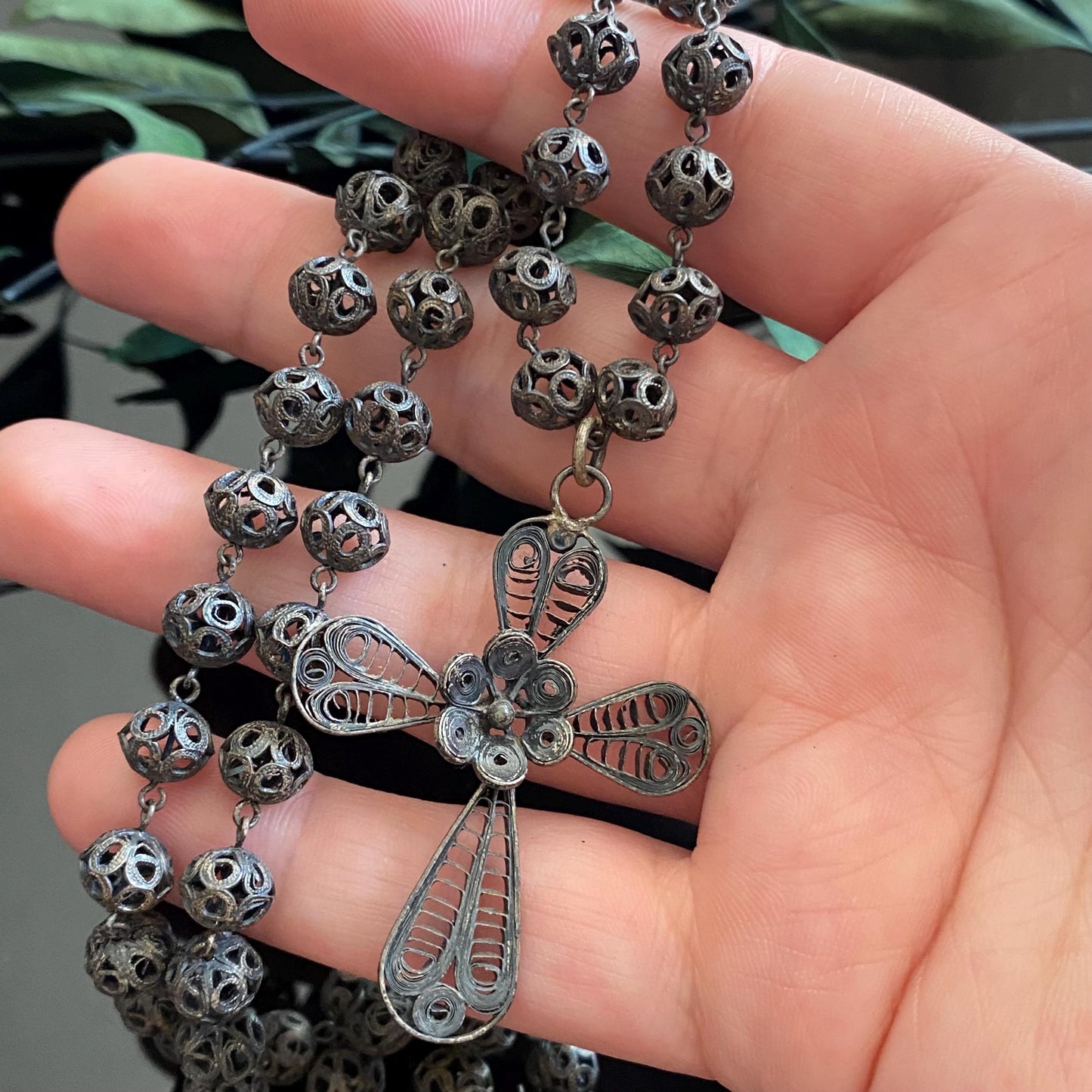 Antique Vintage Sterling Silver Filigree Bead Cross Rosary