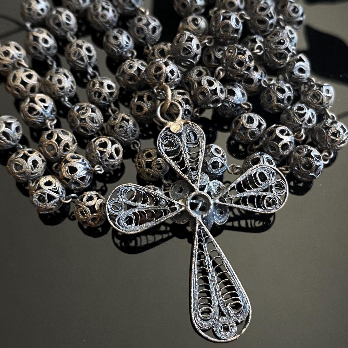 Antique Vintage Sterling Silver Filigree Bead Cross Rosary