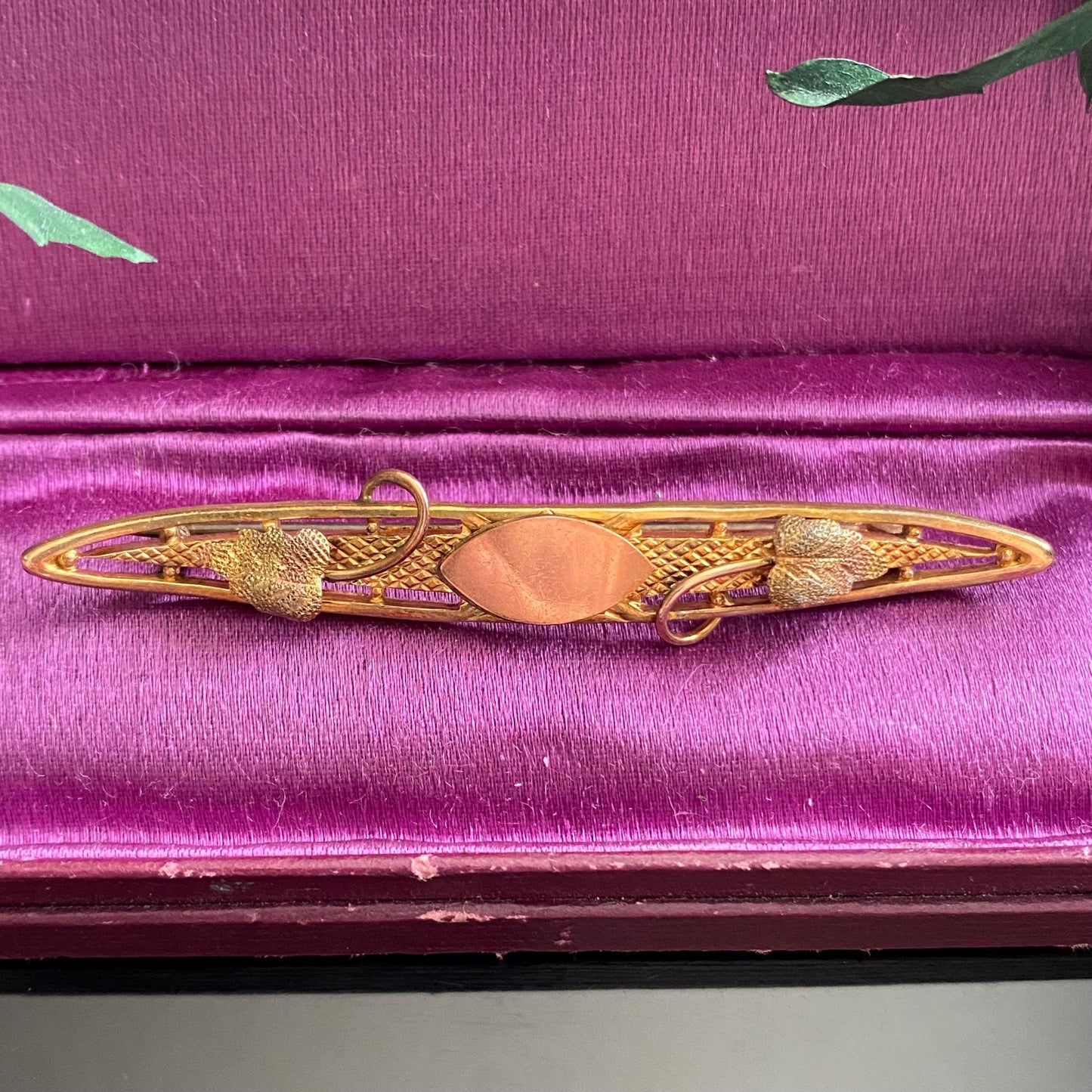 Antique Gold Filled Leaf Foliage Blank Monogram Navette Bar Pin