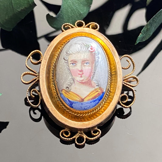 Antique Victorian Porcelain Miniature Portrait of Woman Gold Filled Brooch