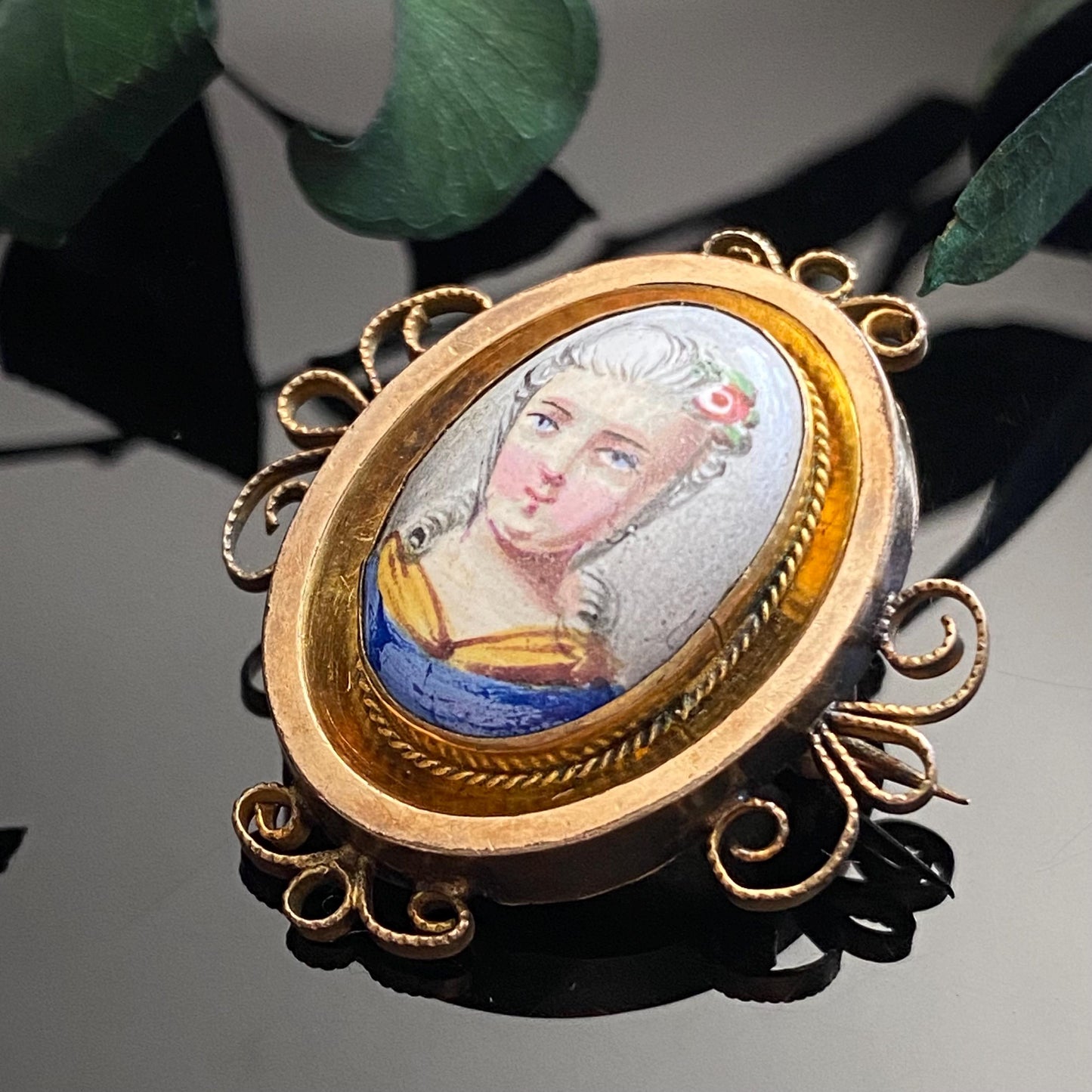 Antique Victorian Porcelain Miniature Portrait of Woman Gold Filled Brooch
