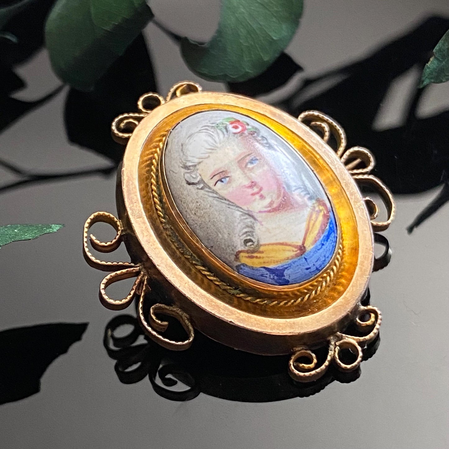 Antique Victorian Porcelain Miniature Portrait of Woman Gold Filled Brooch
