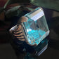 Vintage Sterling Silver Large Square Cut Aqua Glass Cocktail Ring Size 4.5