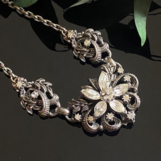 Vintage Coro Rhinestone Flower Chain Necklace