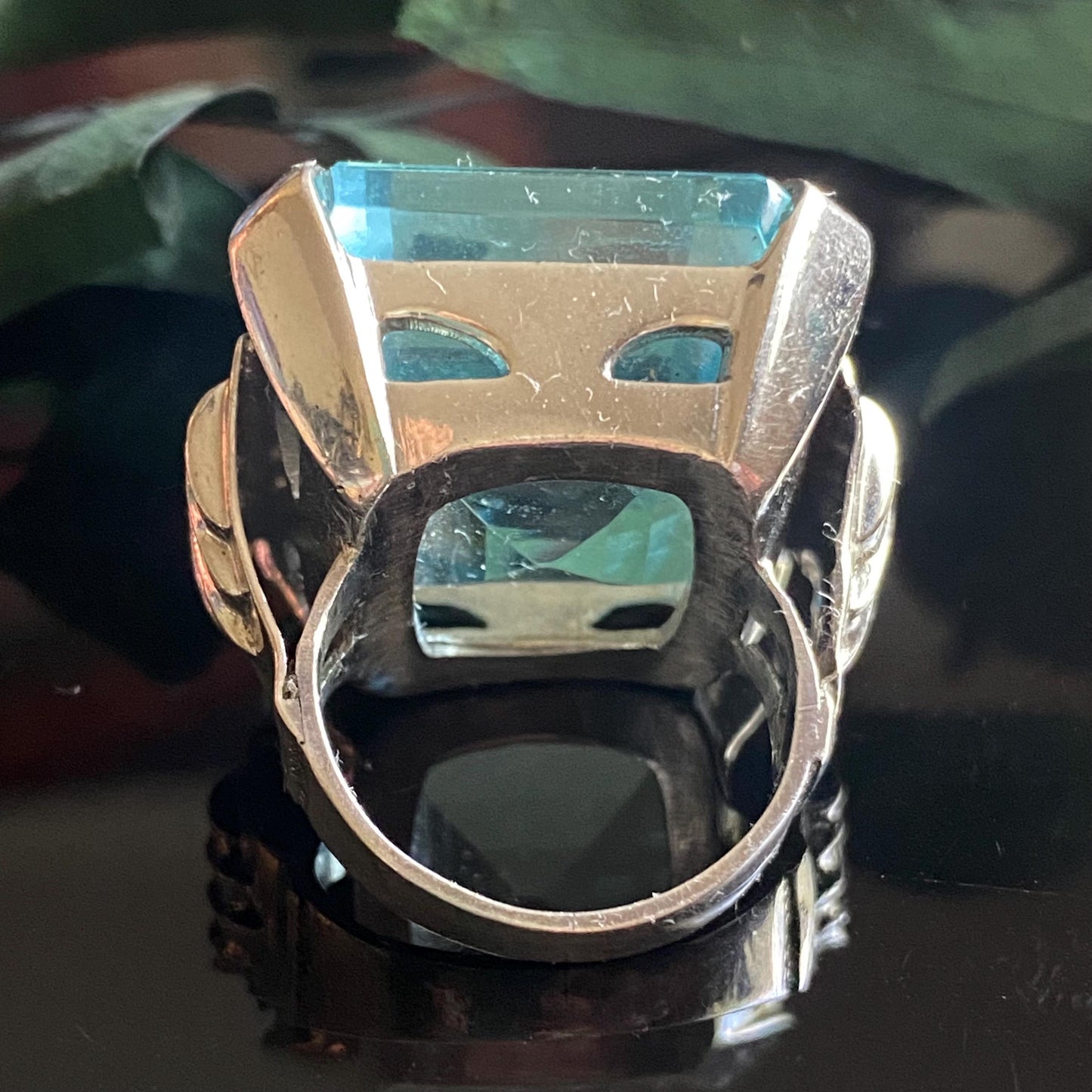 Vintage Sterling Silver Large Square Cut Aqua Glass Cocktail Ring Size 4.5