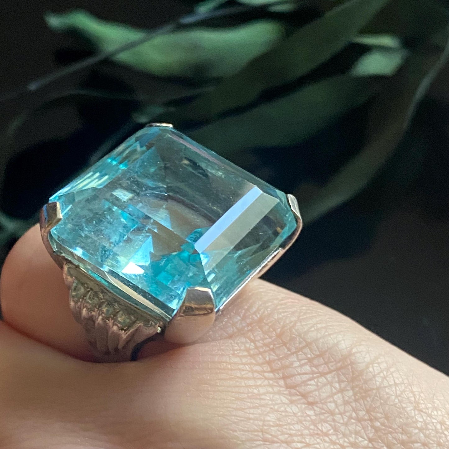 Vintage Sterling Silver Large Square Cut Aqua Glass Cocktail Ring Size 4.5