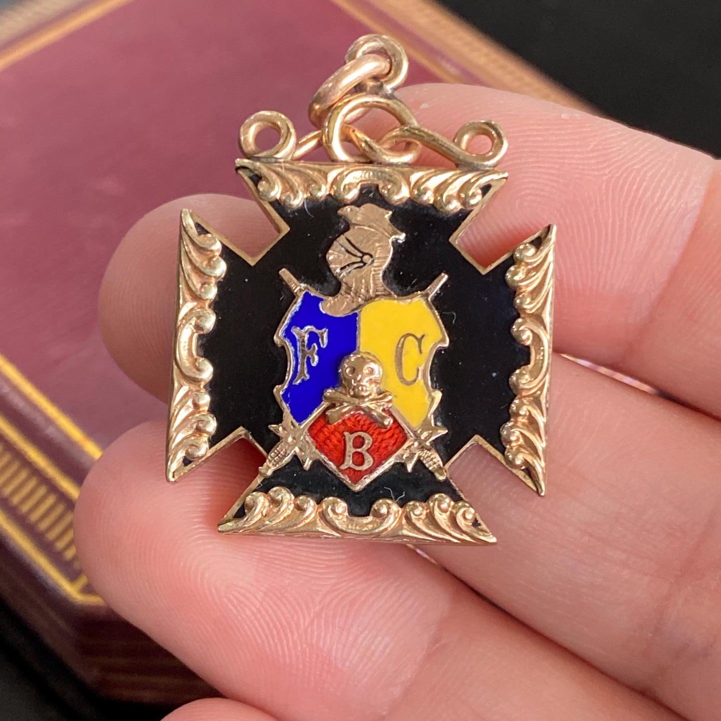 Antique Gold Filled Knights of Pythias FBC Skull Enamel Fob Charm
