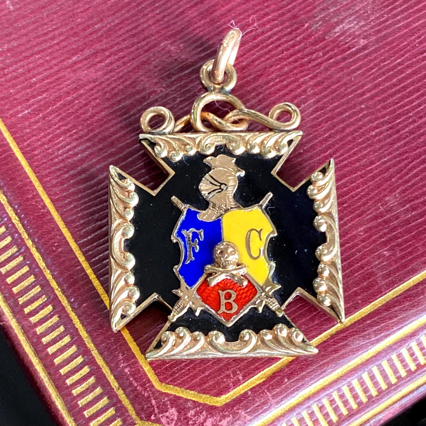 Antique Gold Filled Knights of Pythias FBC Skull Enamel Fob Charm