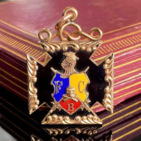 Antique Gold Filled Knights of Pythias FBC Skull Enamel Fob Charm