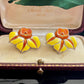 Vintage Sterling Silver Yellow Orange Cloisonne Enamel Flower Screw Back Earrings