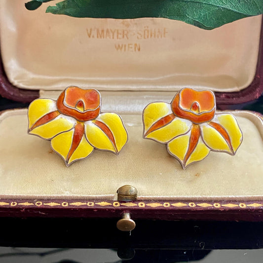 Vintage Sterling Silver Yellow Orange Cloisonne Enamel Flower Screw Back Earrings