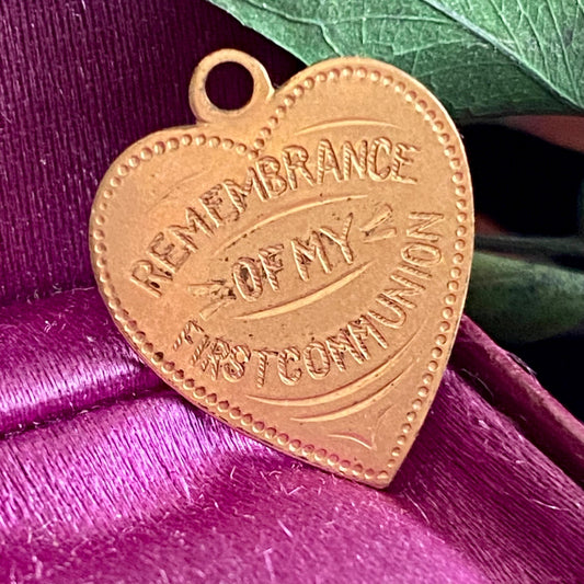 Antique Gold Filled "Remembrance of My First Communion" Engraved Heart Charm Pendant