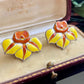 Vintage Sterling Silver Yellow Orange Cloisonne Enamel Flower Screw Back Earrings