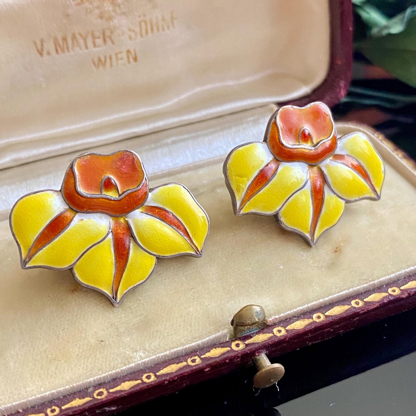 Vintage Sterling Silver Yellow Orange Cloisonne Enamel Flower Screw Back Earrings
