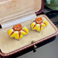 Vintage Sterling Silver Yellow Orange Cloisonne Enamel Flower Screw Back Earrings