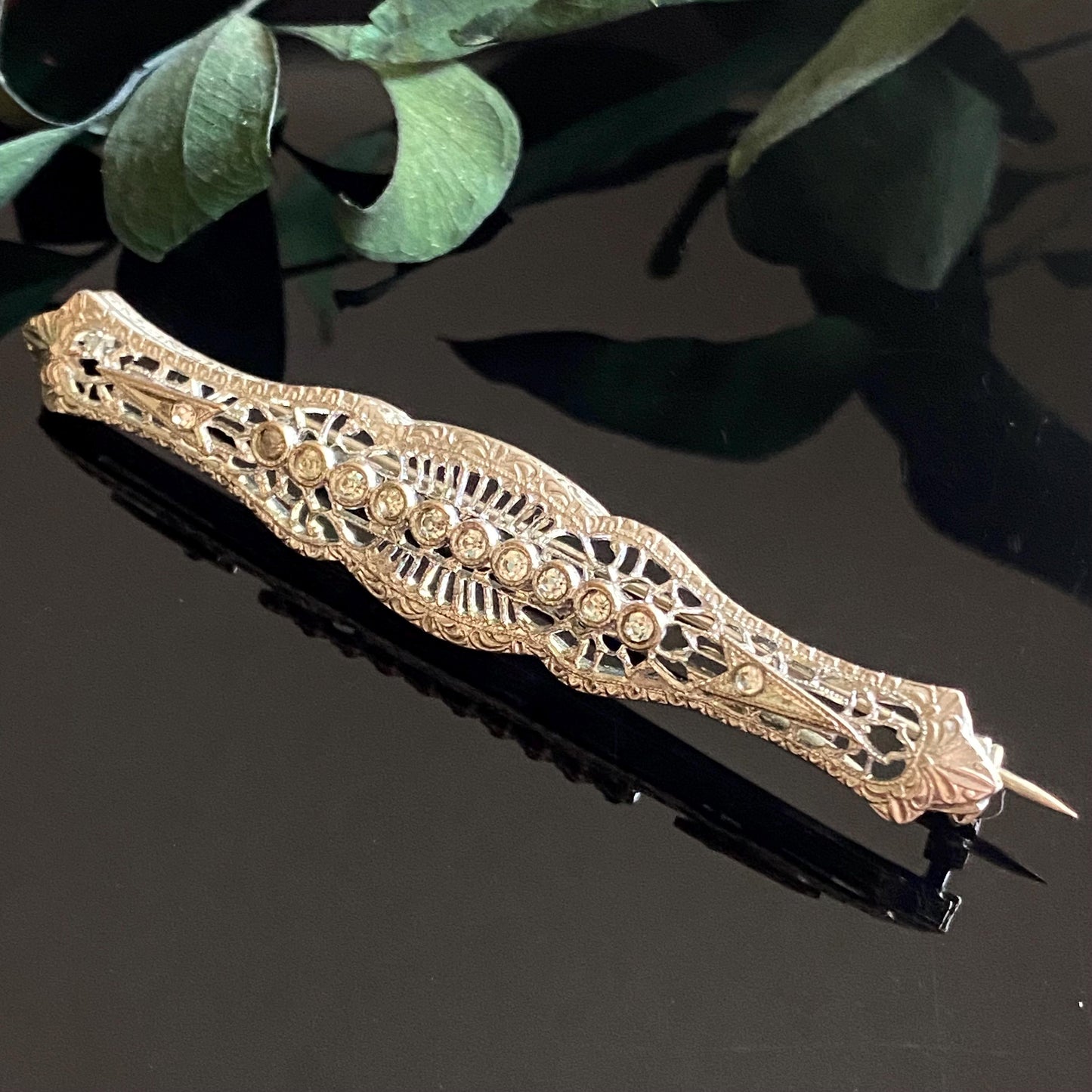 Vintage Art Deco Rhinestone Filigree Bar Pin Brooch
