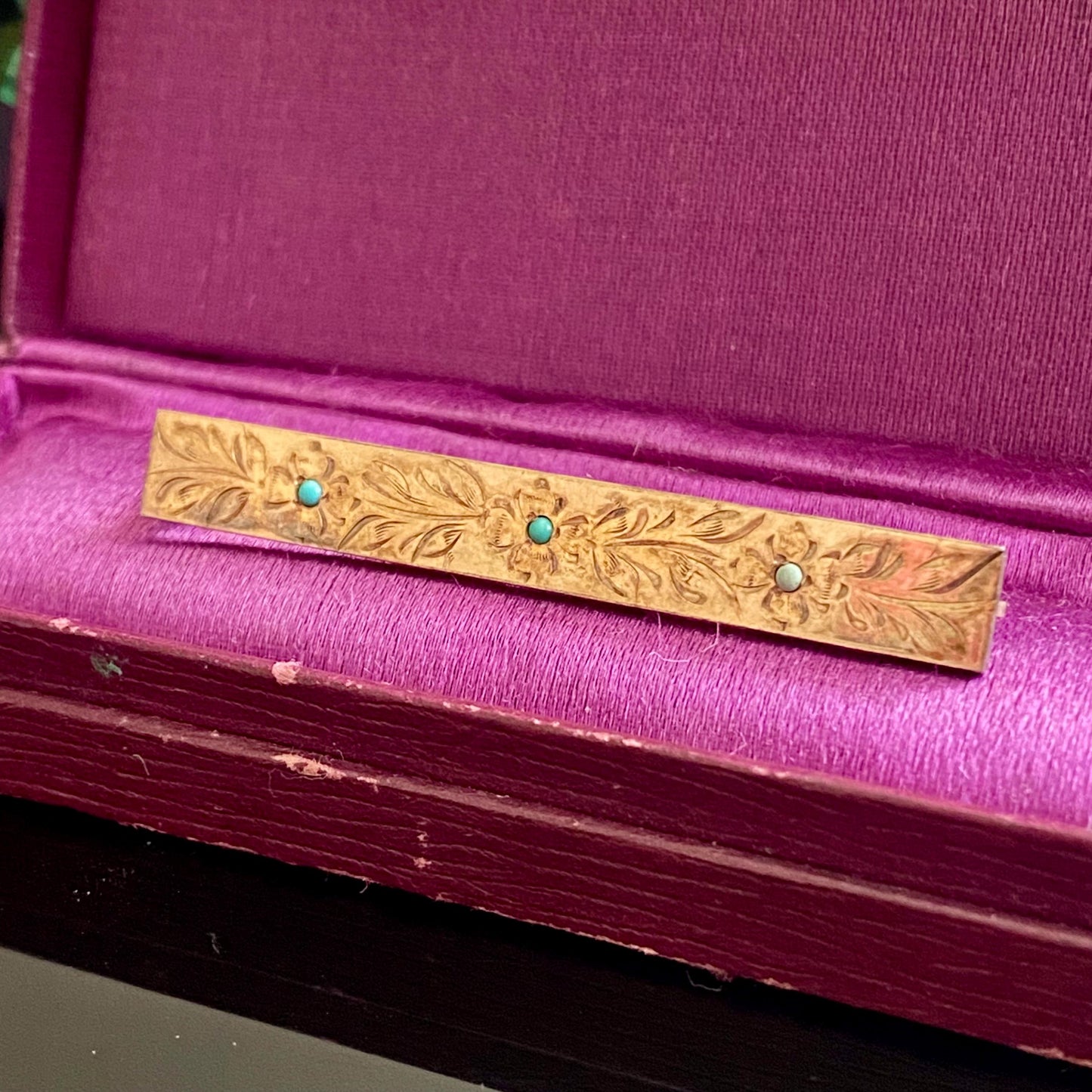 Vintage Gold Filled Engraved Floral Turquoise Bar Pin Brooch