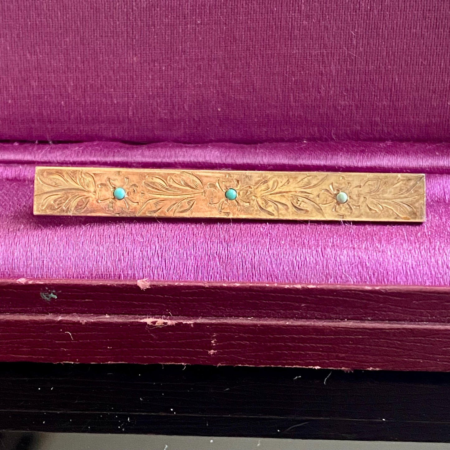 Vintage Gold Filled Engraved Floral Turquoise Bar Pin Brooch