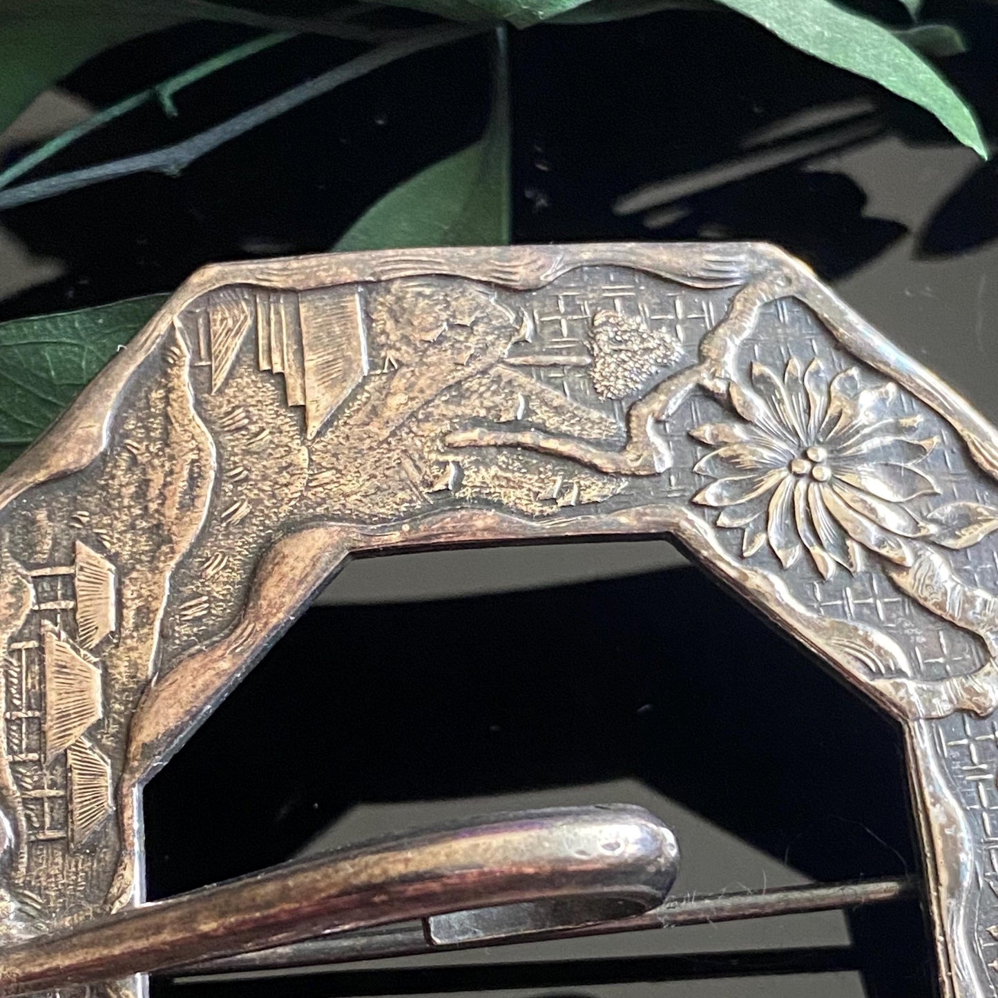 Antique Asian Village Landscape Cherry Blossom Sash Pin Buckle Brooch