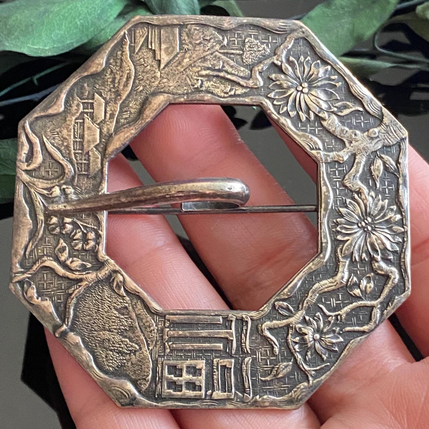 Antique Asian Village Landscape Cherry Blossom Sash Pin Buckle Brooch