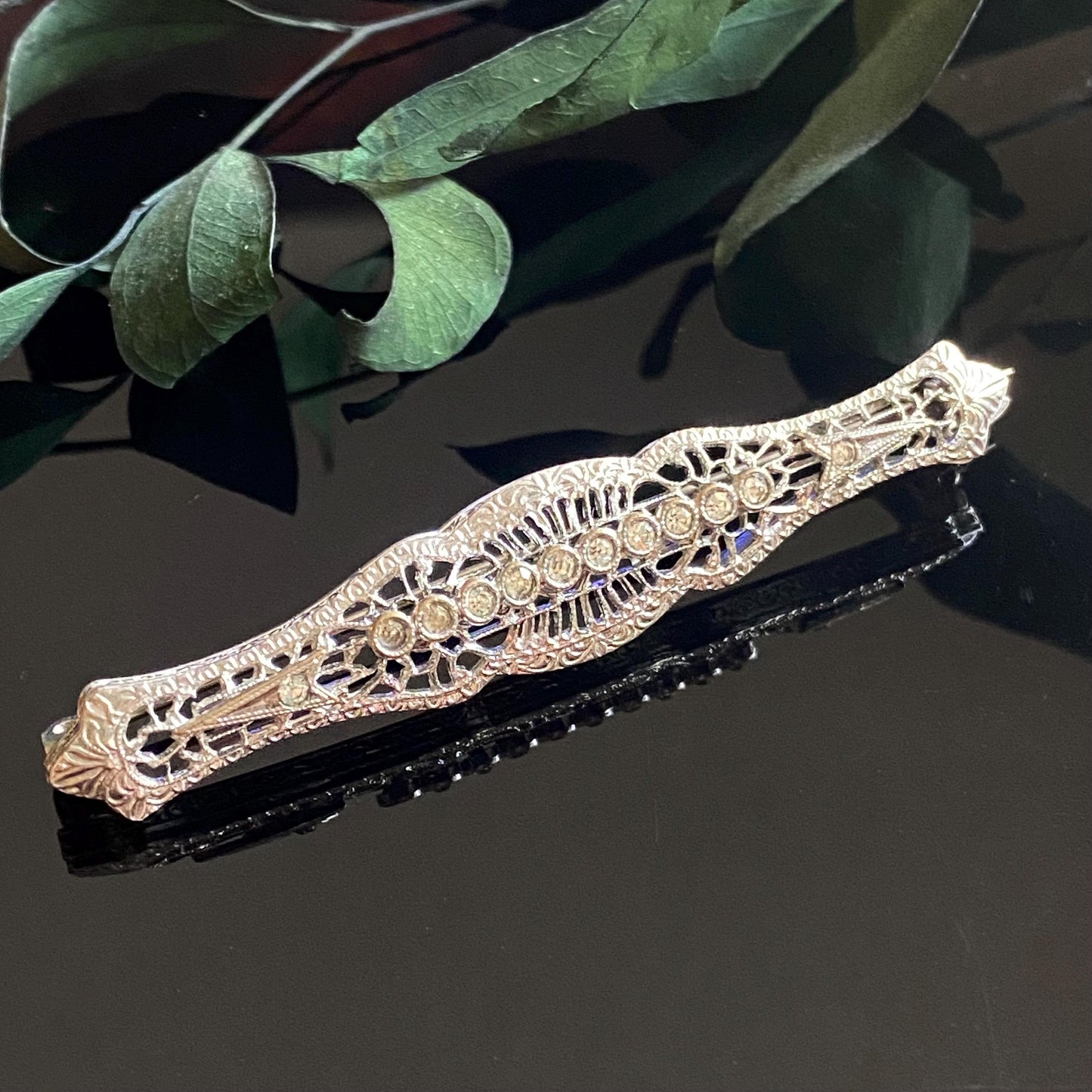 Vintage Art Deco Rhinestone Filigree Bar Pin Brooch