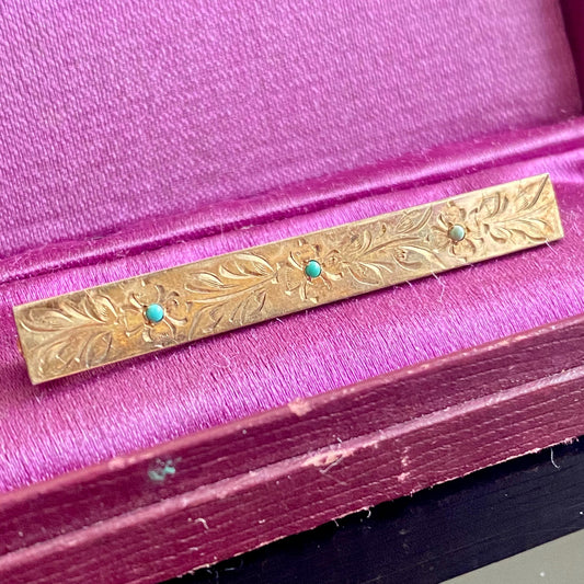 Vintage Gold Filled Engraved Floral Turquoise Bar Pin Brooch
